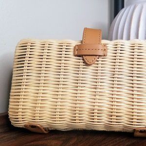 J. Crew Women's Rattan Natural Clutch Woven Straw Handbag Summer Leather Closure